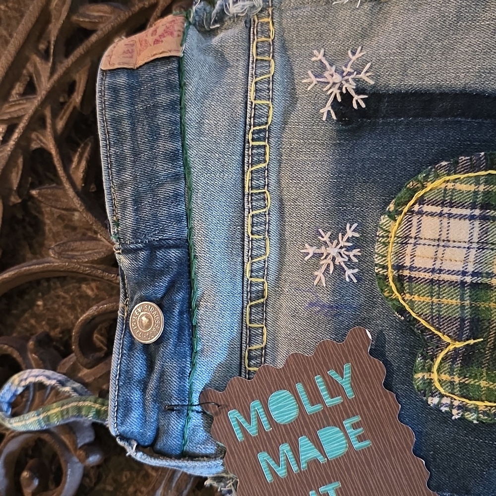 HAND CRAFTED Christmas Stocking UPCYCLED Flannel Fabric Denim Blue Jeans - Picture 8 of 12